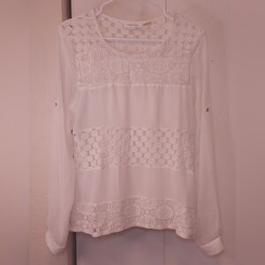 Calvin Klein White Chiffon Lace Crochet Detail Blouse Size Small Sheer Top Boho